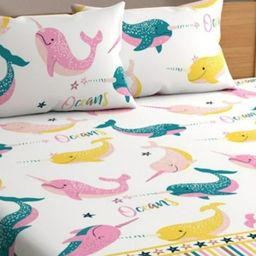 Bajo's White & Pink Conversational 250 TC Cotton Fitted King Bedsheet with 2 Pillow Covers-image-32