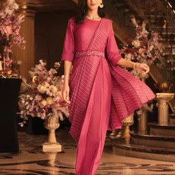 W Satin Maxi Insta Saree Dress with Embroidered Belt-37