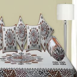 Trance Home Linen Set Of 8 Brown & Grey Jaipuri Printed108 TC DiwanSet-33
