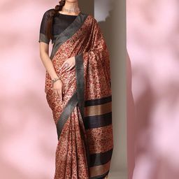 Mitera Beige & Red Floral Printed Bagru Saree-image-92