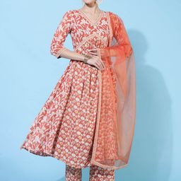 AADAT Floral Printed Empire Pure Cotton Kurta With Palazzos & Dupatta-image-21