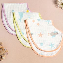 OOKA Unisex Kids Pack Of 3 White Ocean Printed Over the Shoulder Muslin Bib-26