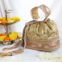 Soho Boho Studio Gold Cluster Sequenced Bucket Potli Bag-picture-0