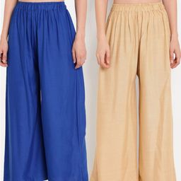 TAG 7 Women Beige & Blue Set of 2 Flared Ethnic Palazzos-image-96