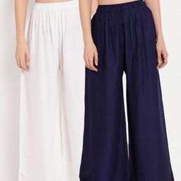 TAG 7 Women White & Navy Blue Set of 2 Flared Ethnic Palazzos-3