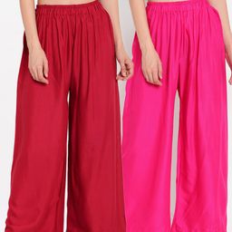 TAG 7 Women Pink & Maroon Set of 2 Flared Ethnic Palazzos-image-109