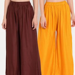 TAG 7 Women Brown & Yellow Set of 2 Flared Ethnic Palazzos-image-100