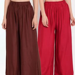 TAG 7 Women Brown & Maroon Set of 2 Flared Ethnic Palazzos-33