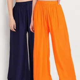 TAG 7 Women Orange & Navy Blue Set of 2 Flared Ethnic Palazzos-image-61