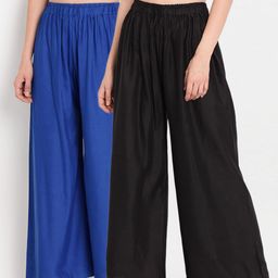 TAG 7 Women Black & Blue Set of 2 Flared Ethnic Palazzos-image-100