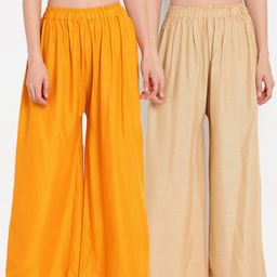 TAG 7 Women Yellow & Beige Set of 2 Flared Ethnic Palazzos-image-104