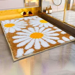 ROSEATE Beige & White Floral Microfiber 2000 GSM Anti-Skid Bath Rug-picture-43