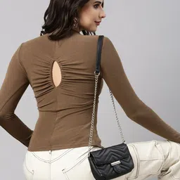 SHOWOFF High Neck Long Sleeves Styled Back Opaque Casual Top-95