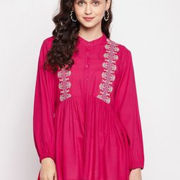 Ruhaans Embroidered Mandarin Collar Puff Sleeves A-Line Top-image-27