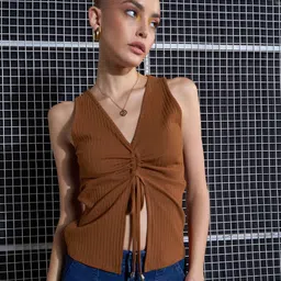 SASSAFRAS Brown Lace-Up Crop Top-image-1