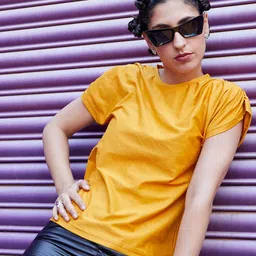 Campus Sutra Round Neck Roll-Up Sleeves Cotton Top-image-46