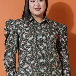 U&F Beyond Black Plus Size Floral Printed Puff Sleeves Gathered Detail Shirt Style Top-image-89