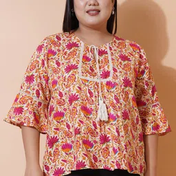 U&F Beyond Plus Size Floral Printed Tie-Up Neck Bell Sleeves Gathered Top-picture-14