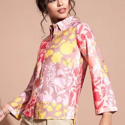 DressBerry Pink & Yellow Floral Printed Shirt Style Top-image-48