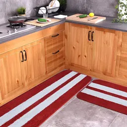 Bajo's Red & White 2 Pieces Super Soft Striped Mat & Runner With Anti Skid Backing-picture-21