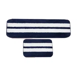 Bajo's Navy Blue & White 2 Pcs Super Soft Striped Mat & Runner With Anti Skid Backing image 3