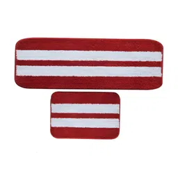 Bajo's Red & White 2 Pieces Super Soft Striped Mat & Runner With Anti Skid Backing image 4