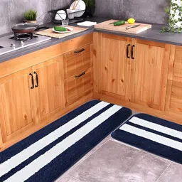 Bajo's Navy Blue & White 2 Pcs Super Soft Striped Mat & Runner With Anti Skid Backing image 5