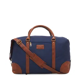 Leather World Navy Blue & Brown Colourblocked Large Duffle Bag-image-94