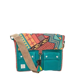 The House of Tara Unisex Teal & Orange Printed Messenger Bag-76