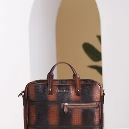 LOUIS STITCH Textured Italian Leather Tan Slim Dual Tone Laptop Bag-31