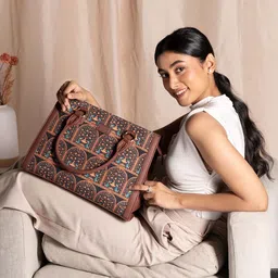 ZOUK Ethnic Motifs Printed Structured Jute Handheld Bag-3
