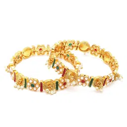 KARATCART Set of 2 Gold-Plated Red & Green Kundan Studded & Pearl Beaded Rajwadi Temple Bangles image 2