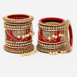PANASH Set Of 18 Gold-Plated Stone-Studded & Beaded Bangles Chuda Set image 5