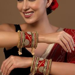 PANASH Set Of 18 Gold-Plated Stone-Studded & Beaded Bangles Chuda Set image 2