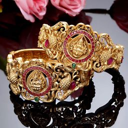 KARATCART Set Of 2 Gold-Plated Pink Kundan-Studded Bangles-image-79