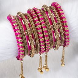 Peora Set of 14 Gold-Plated & Pink Velvet Handcrafted Bangles-67