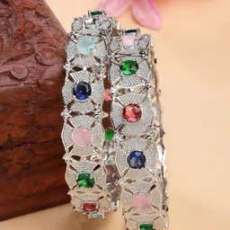 ZENEME Set Of 2 Rhodium-Plated Gemstone Halo Detail Bangles-image-32
