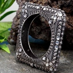 Sanjog Silver-Toned & White Silver-Plated Stone Studded Antique Adjustable Tribal Bangle-image-65