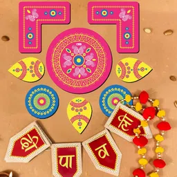 Indigifts Pink & Red 13 Pieces Wooden Rangoli Stickers Set With 1 Banner-image-58