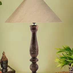 Devansh Off White & Brown Textured Wooden Traditional Frustum Table Lamp-17