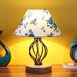 Devansh White & Blue Printed Cotton Table Lamp With Wood & Iron Base-46