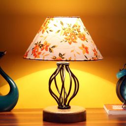 Devansh White & Orange Printed Cotton Table Lamp With Wood & Iron Base-12