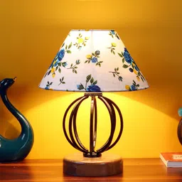 Devansh White & Blue Cotton Table Lamp With Wood & Iron Base-43