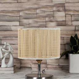 Devansh Beige Textured Steel Table Lamp With Round-Shaped Bamboo Shade-41