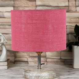 Devansh Pink & White Textured Jute Table Lamp With Wood Base-0