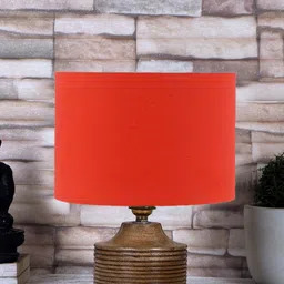 Devansh Orange Coloured & Brown Cotton Table Lamp With Wood Base-23