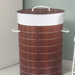 HomeStorie Brown & White Eco-Friendly Foldable Bamboo Laundry Basket Hamper With Lid-44