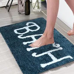Aura Teal Blue & White Printed Rectangular 1850 GSM Microfiber Bath Rug-28