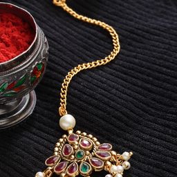 PANASH Women Gold-Plated White & Red Kundan-Studded & Pearl Beaded Maang Tikka-5
