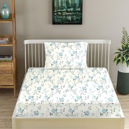 Trance Home Linen Blue & White Floral Cotton 180 TC Single Bedsheet with 1 Pillow Covers-image-37
